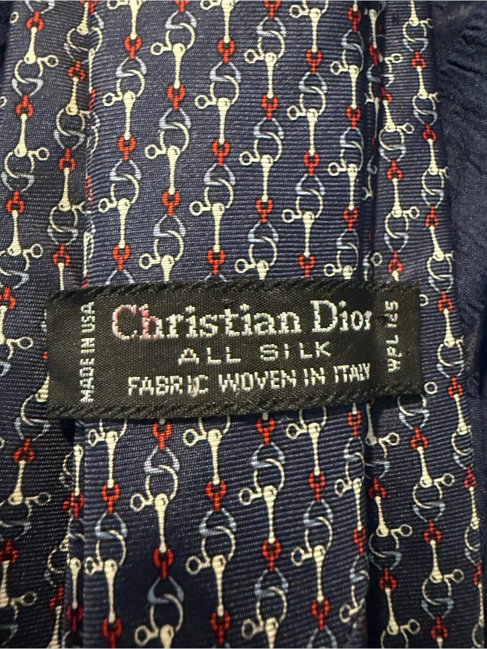 Dior Navy Silk Tie with Red & Cream Bit-Chain Motif